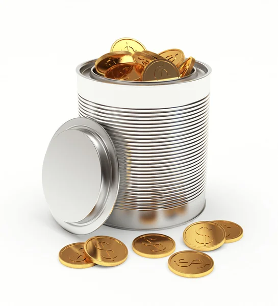 Latas de metal abertas cheias de moedas de ouro em branco — Fotografia de Stock