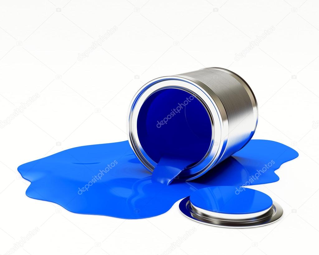 Can spilled blue paint isolated on white Stock Photo by