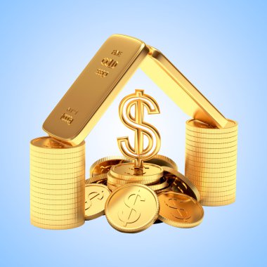 Altın barlar, sikke ve dolar işareti mavi