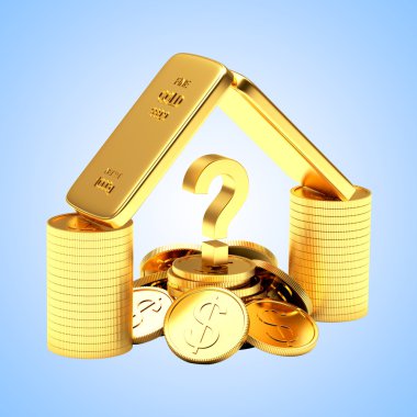 Altın barlar, sikke ve soru işareti mavi