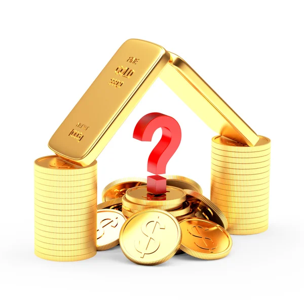 Barras douradas, moedas e ponto de interrogação vermelho no branco — Fotografia de Stock