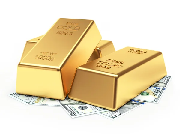 Golden bars on dollar bills on white — Stock Photo, Image