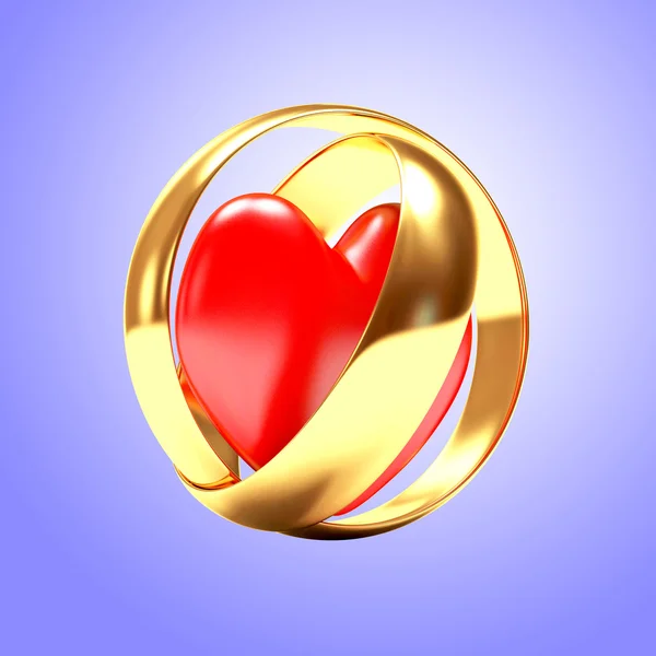 Goldene Eheringe mit rotem Herz auf blauem Grund — Stockfoto