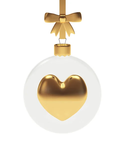 Bola de Navidad de cristal con un corazón de oro en el interior en blanco —  Fotos de Stock