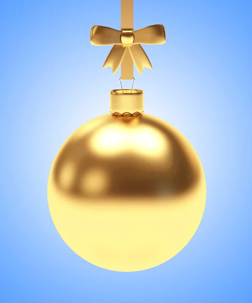 Bola de Natal dourada com arco em azul — Fotografia de Stock
