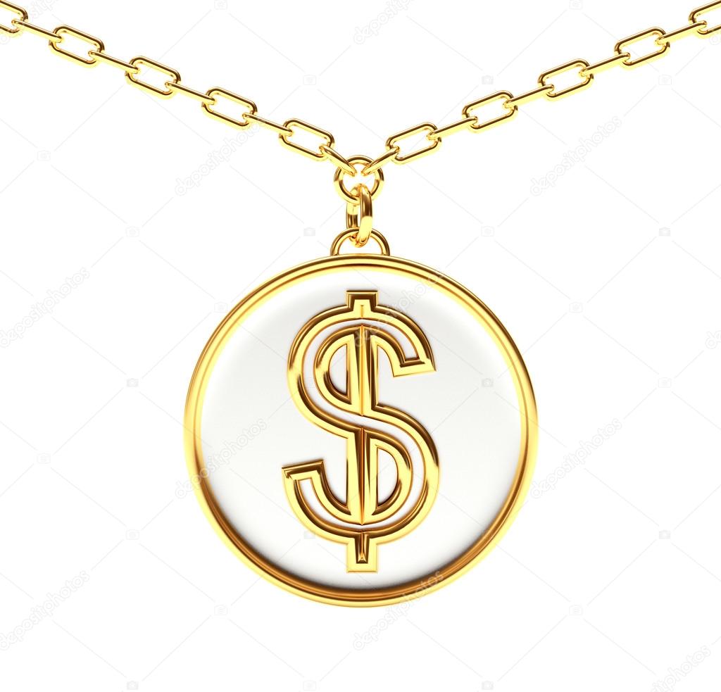 Golden medallion with dollar sign on a chain on white