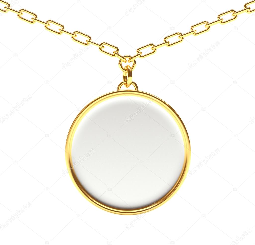 Golden blank round medallion or medal on a chain on white 