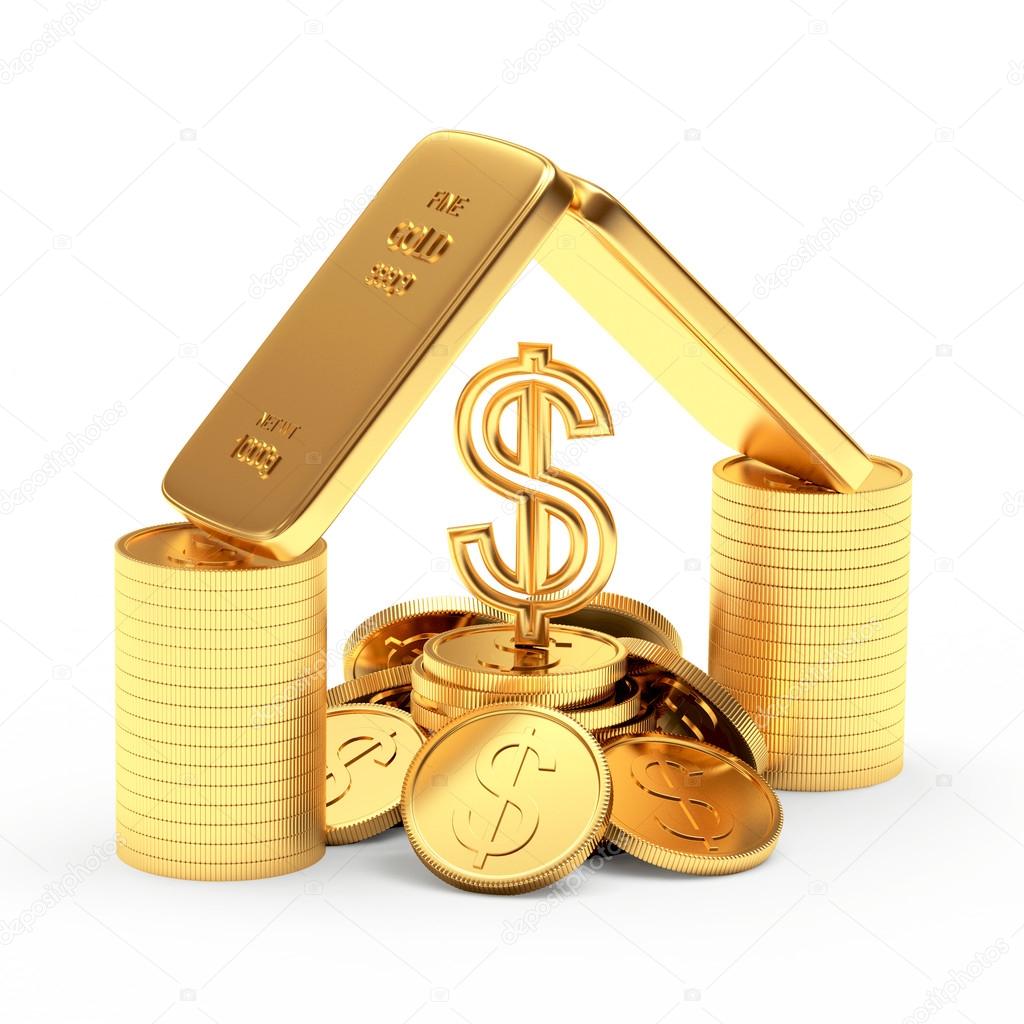 Golden bars, coins and dollar sign on white 