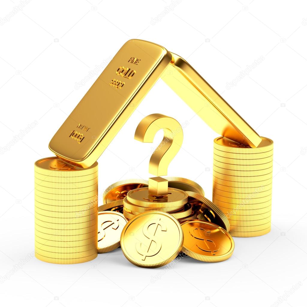 Golden bars, coins and question mark on white 