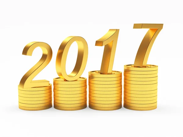 Gráfico com números 2017 Ano Novo em pilhas de moedas de ouro — Fotografia de Stock