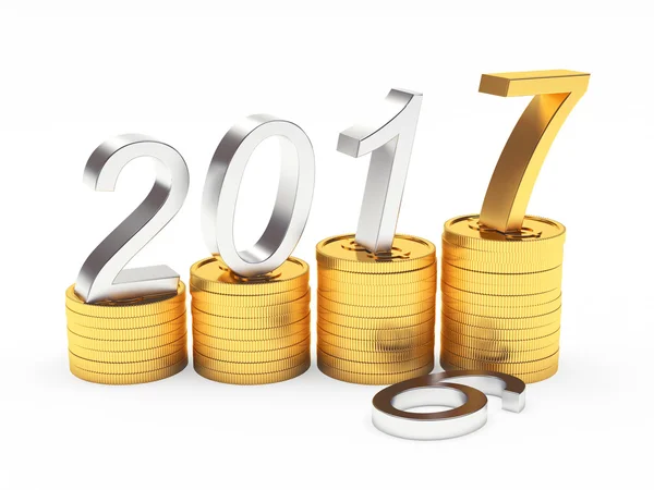 Graph with numbers 2017 New Year on stacks of golden coins on white — Stockfoto