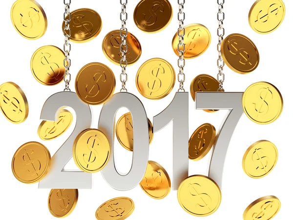 Számok 2017 lóg a láncok között a lehulló arany érmék, fehér — Stock Fotó