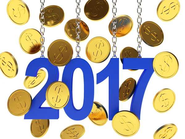 Сині номери 2017 року висять на ланцюгах серед падаючих золотих монет на білому — стокове фото