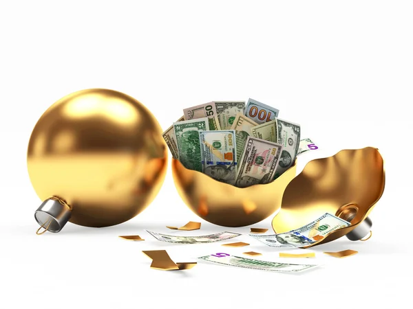 Bolas de Navidad doradas enteras y rotas con billetes de dólar dentro — Foto de Stock