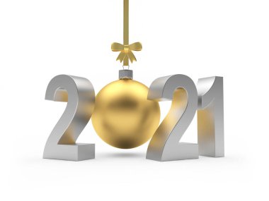 2021 numaralı gümüş renkli, beyaz arka planda izole edilmiş altın renkli bir Noel topu. 3B illüstrasyon