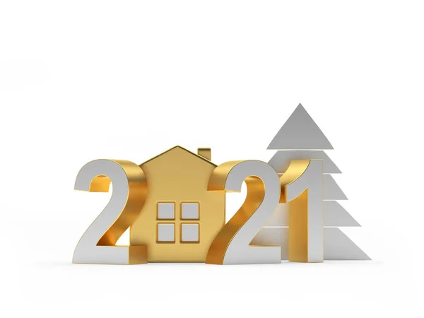 2021 Számú Arany Ház Ikon Karácsonyfa Elszigetelt Fehér Háttér Illusztráció — Stock Fotó