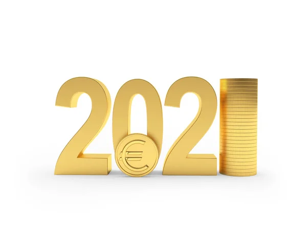 Numărul 2021 Monedă Euro Stivă Monede Aur Izolate Fundal Alb — Fotografie, imagine de stoc