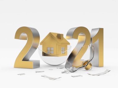 2021 numaralı altın ve beyaz arka planda izole edilmiş ev ikonu olan saydam noel topu. 3d illüstrasyon