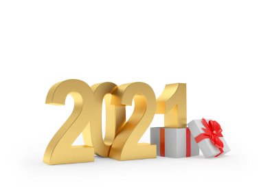 Altın numara 2021 ve beyaz arka planda izole edilmiş hediye kutusunda bir numara. 3B illüstrasyon