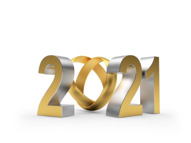 2021 numara, beyaz arka planda izole edilmiş iki altın alyansla. 3d illüstrasyon