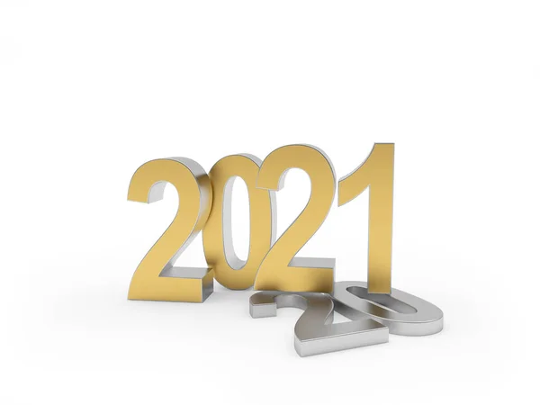 Золоте Число 2021 Стоїть Лежачому Срібному Номері Ізольованому Білому Тлі — стокове фото