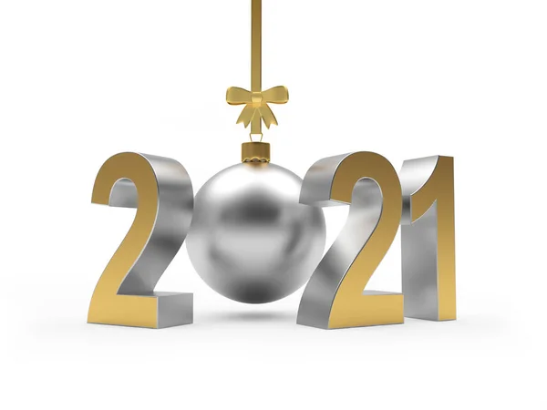 2021号 银色圣诞球挂在缎带上 有一个白色背景的弓 3D插图 — 图库照片