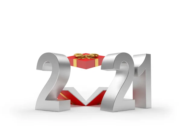 Silver Numeral 2021 Empty Open Gift Box Isolated White Background — Stock Photo, Image