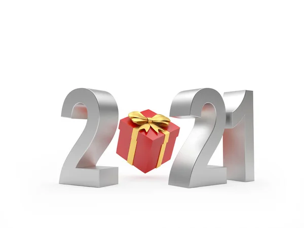 Números Plata 2021 Con Caja Regalo Roja Aislada Sobre Fondo — Foto de Stock