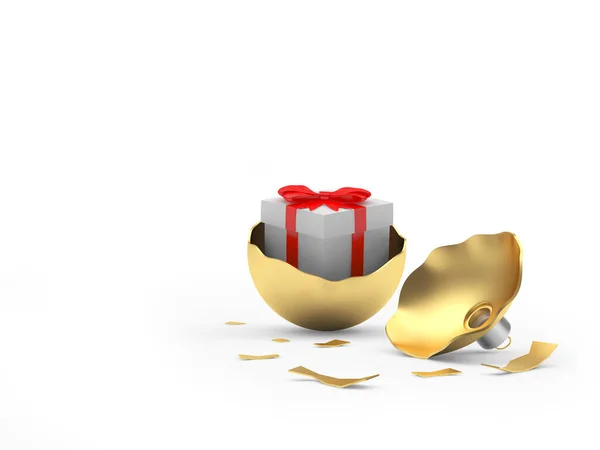 Gold Zerbrochene Weihnachtskugel Mit Geschenkbox Innen Isoliert Auf Weißem Hintergrund — Stockfoto