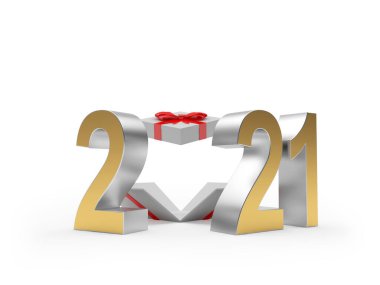 2021 numara ve beyaz arka planda izole edilmiş boş hediye kutusu. 3B illüstrasyon