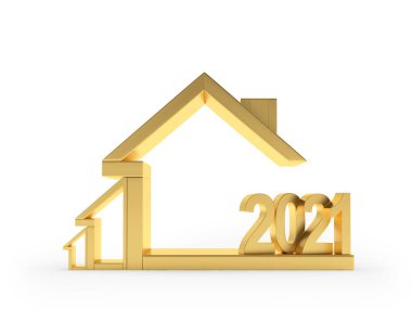 2021 numara ve beyaza izole edilmiş çeşitli boyutlardaki altın ev simgeleri. 3d illüstrasyon