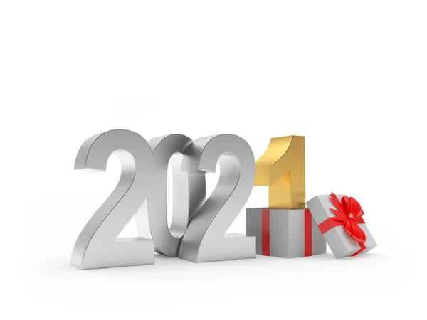 银号2021和金牌号1在礼品盒中隔离的白色背景 3D插图 — 图库照片