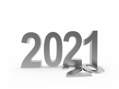 2021 numaralı gümüş, beyaz arka planda 20 haneli rakamlar üzerinde duruyor. 3d illüstrasyon