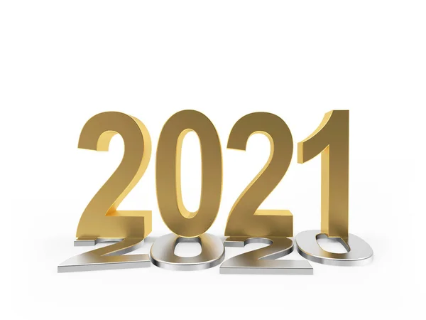 Gold Numbers 2021 Stands Silver Reclining Numbers 2020 White Background — Stock Photo, Image
