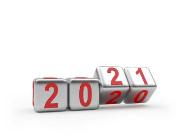 Beyaz arka planda dönen gümüş zarların 2021 sayısı. 3d illüstrasyon