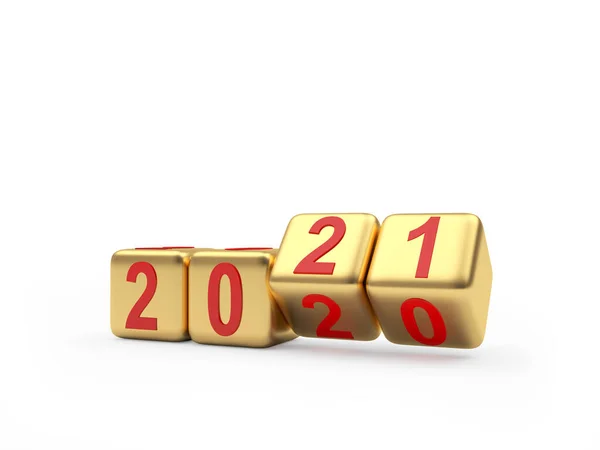 2021 2020 Gold Dice Rotate Change Numbers Isolated White Background — Stock Photo, Image