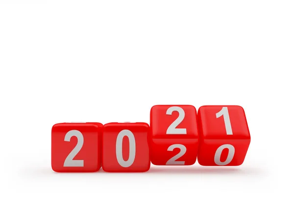 2021 2020 Red Dice Rotate Change Numbers Isolated White Background — Stock Photo, Image