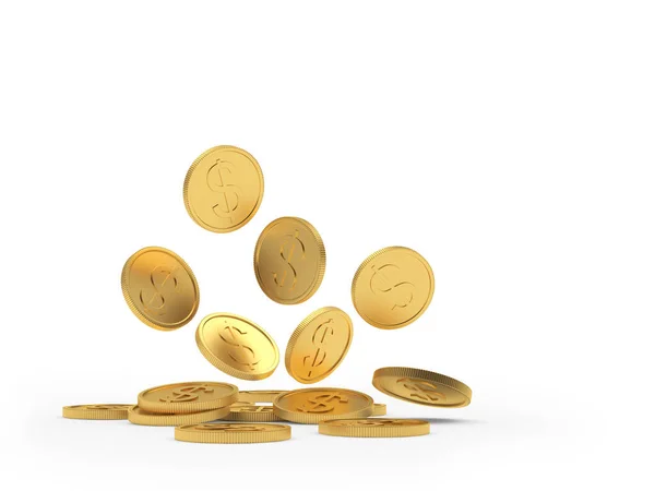 白い背景に金の落下コインのヒープ 3Dイラスト — ストック写真