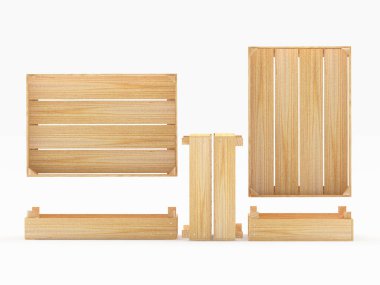 Beyaz arka planda izole edilmiş farklı pozisyonlarda boş ahşap kasalar. 3B illüstrasyon