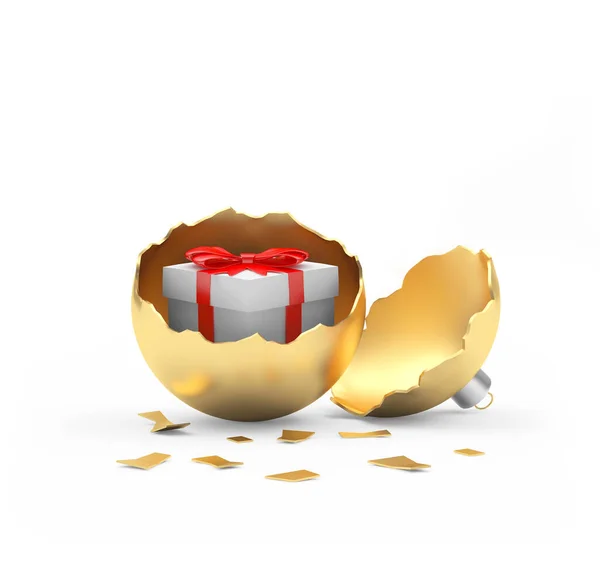 白い背景に隔離された黄金の壊れたクリスマスボールの中の白いギフトボックス 3Dイラスト — ストック写真