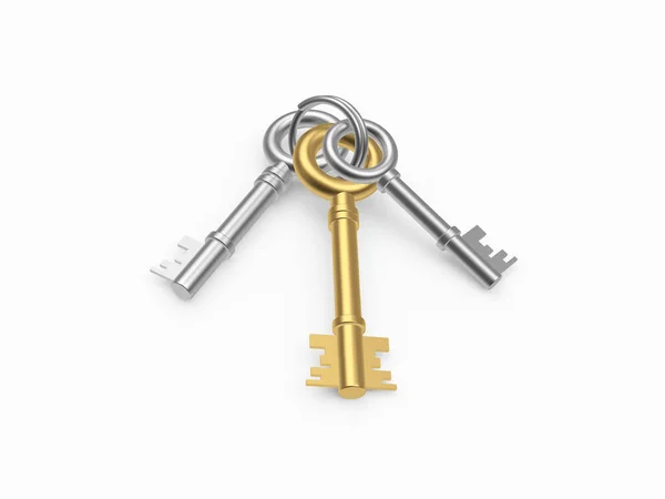 Gold Und Silberschlüssel Auf Einem Schlüsselanhänger Isoliert Auf Weißem Hintergrund — Stockfoto
