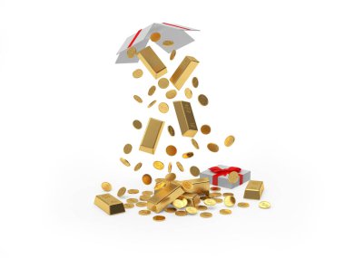 Altın külçeleri ve para beyaz arka planda izole edilmiş açık bir hediye kutusundan bir yığın içine düşüyor. 3B illüstrasyon