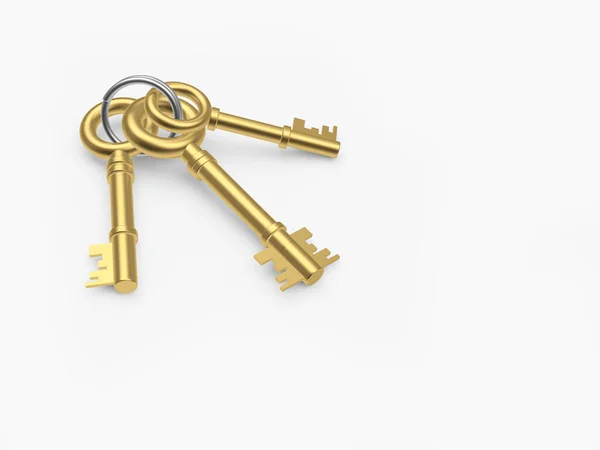三把金色的复古钥匙被隔离在白色的背景下 3D说明 — 图库照片