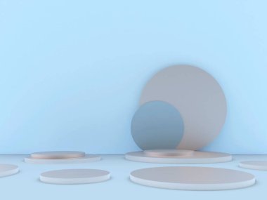 Açık mavi arkaplanda sergi platformları olarak yuvarlak ve kare geometrik şekiller seti. 3B illüstrasyon