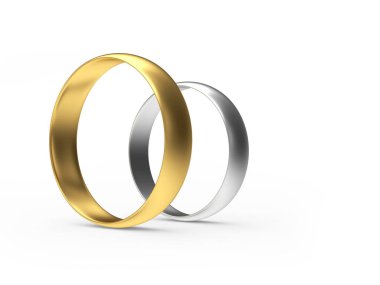 Büyük ve küçük altın ve gümüş alyanslar beyaz arka planda izole edilmiş. 3B illüstrasyon