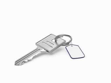 Beyaz arkaplanda boş etiketli metal anahtar. 3B illüstrasyon