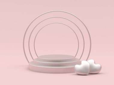 Boş, yuvarlak bir podyum. Yanında pembe renkli iki kalp var. 3d illüstrasyon
