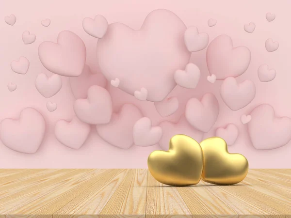 在许多粉色的心脏中 木制地板上有两颗金色的心脏 3D说明 — 图库照片