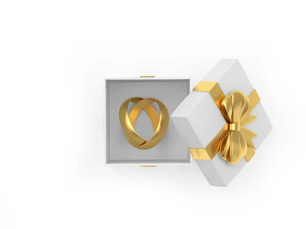 Gift Box Gold Wedding Rings Connected Shape Heart White Illustration — Stock Photo, Image