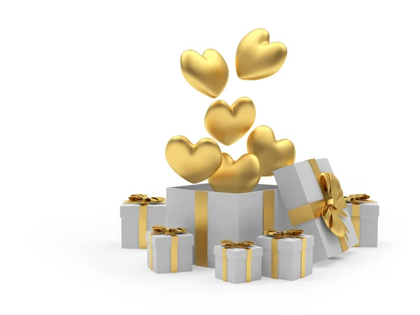 Золоті Серця Вилітають Купи Подарункових Коробок Білому Тлі Ілюстрація — стокове фото